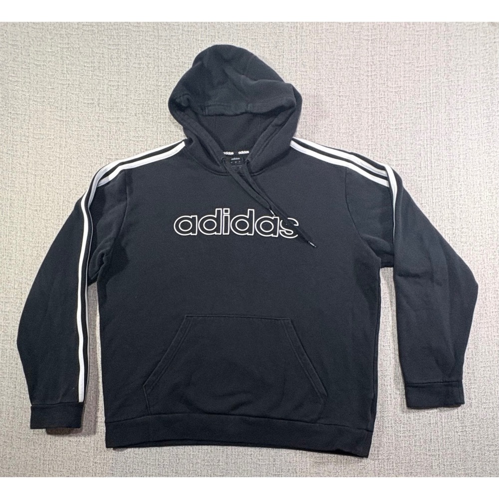 Adidas Hoodie Mens Large Black White Spellout Logo 3-Stripe Pullover Sweatshirt